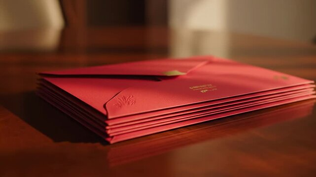 Glistening Red Envelopes Stacked on Polished Wood Table, Revealing Festive Golden Details in Warm Light