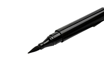 Black liquid eyeliner pen with felt tip and brush strokes on white paper for makeup application and cosmetic branding