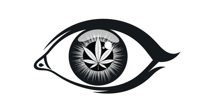 Stylized eye with a cannabis leaf in the pupil representing perception and cannabis culture awareness and social dialogue.