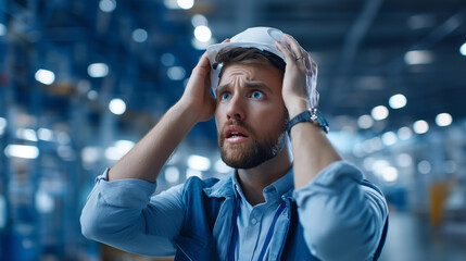 Faceless engineer stunned in automated logistics warehouse amid ransomware attack, cybersecurity crisis, digital infrastructure breach, warehouse system compromise, defocused shocked