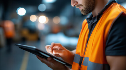 Faceless warehouse worker analyzing data on tablet in storage facility, monitoring logistics and inventory statistics for efficient management, digital tracking work, defocused person, with copy