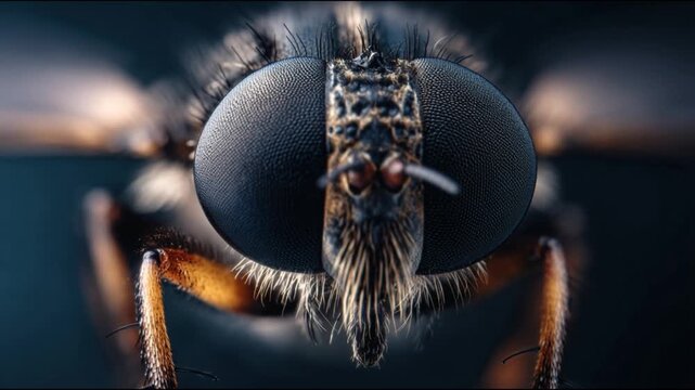Ultra realistic macro close up of fly face with detailed eyes and fine textures in 4K