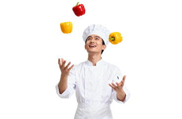 [Transparent Background PNG]A cheerful chef juggling colorful bell peppers