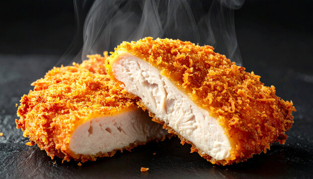 Close-up of steaming breaded chicken cutlets on a dark textured surface fried