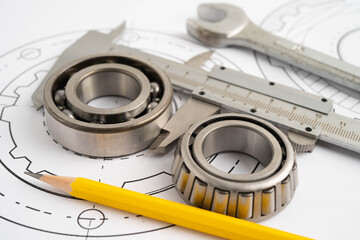 Engineering and precision tools with metal ball bering, mechanical industrial.