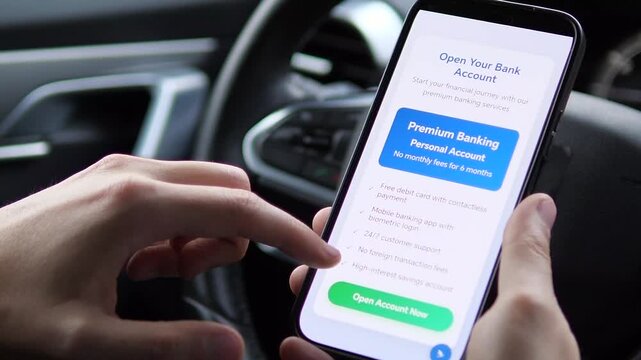 A man carefully reads the terms and conditions for a new bank account on his smartphone while sitting in his car. His thoughtful gestures suggest he is making a significant financial decision, making