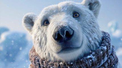 A close-up portrait of a polar bear wearing a knitted scarf in winter, a cute wild animal face covered in snow, a funny nature concept, a cold weather fashion scene.