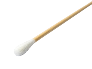 Closeup of a wooden cotton swab with a fluffy white tip, perfect for hygiene and cosmetic applications, offering a clean and essential tool for personal care routines.