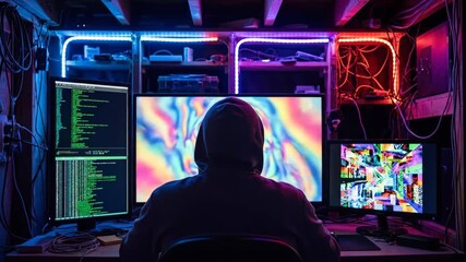 Anonymous hacker in a hoodie working at a computer desk with multiple monitors. Person coding in a dark room with neon LED lights and psychedelic screens. Cybersecurity and programming concept - Powered by Adobe