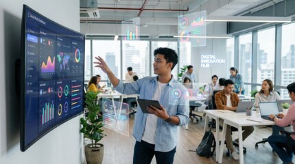Startup Team Presenting Data Dashboard on Screen in Modern Open Plan Digital Innovation Hub