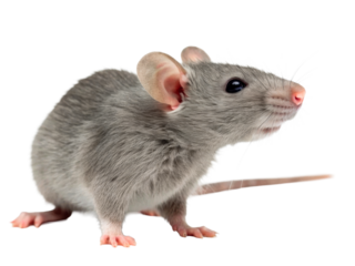 Adorable small gray pet rat shown in profile with bright eyes and delicate pink paws, perfect for pet care product promotion and animal adoption campaigns.