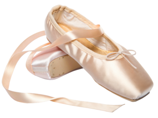 Pair of delicate satin ballet pointe shoes with satin ribbons for dance performance and elegant studio photography, suggesting grace and training.
