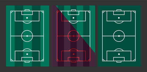 Modern Soccer Field Graphics. Bold Geometric Pitch Designs in Green and Red Highlighting Tactical Layouts and Dynamic Sports Aesthetics for Football-Themed Visuals and Athletic Projects © NancyPants