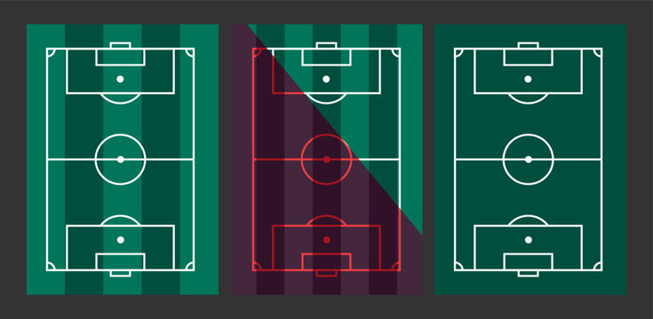 Modern Soccer Field Graphics. Bold Geometric Pitch Designs in Green and Red Highlighting Tactical Layouts and Dynamic Sports Aesthetics for Football-Themed Visuals and Athletic Projects