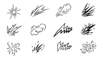 Set of 12 hand drawn comic style speed lines, explosion effects, smoke puffs, and action marks in black outline