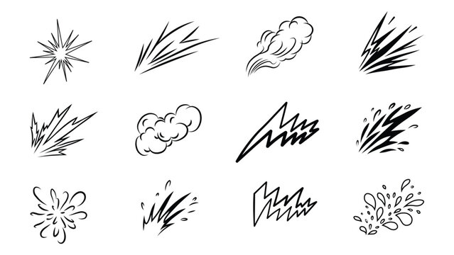 Set of 12 hand drawn comic style speed lines, explosion effects, smoke puffs, and action marks in black outline