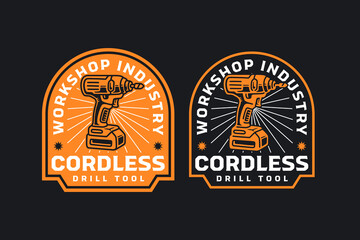 Cordless drill retro badge logo design set for workshop. Electric drill portable vintage patch sticker pack for construction. Handheld drilling tool rustic emblem element designs for craftsman