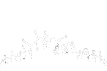 People contours cheering with hands raised, dancing and celebrating at a party or concert. Vector illustration