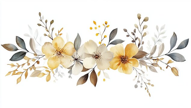Watercolor floral garland with yellow and white flowers and grey leaves image