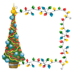 Christmas composition, frame with a tree and garland. Hand-drawn watercolor illustration, cartoon. Holiday, New Year, Christmas, winter, comfort, magic, kids, object, spruce, forest, natural, wood