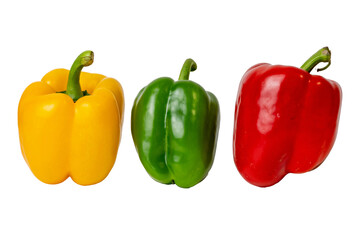 Photo of fresh bell peppers taken with a high-resolution camera using the focus-stacking technique on a white background.