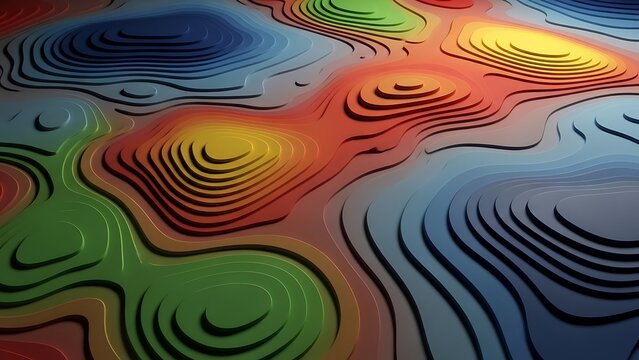 Abstract Topographic Map with Colorful Layers Depicting Elevation and Geographical Regions Ideal for Presentations and Creative Projects
