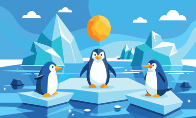 Obraz premium Three cartoon penguins on icebergs with sun and clouds