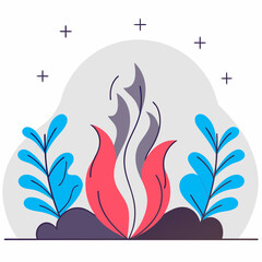 Fototapeta premium Colorful flame symbol with blue plants and stars abstract