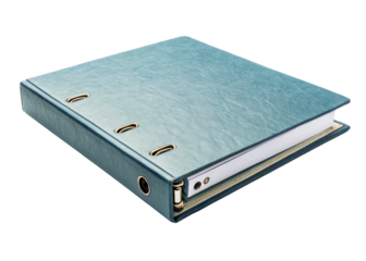 Closed turquoise binder with metal ring mechanism and gold accents, perfect for office organization and paper storage with a professional feel.