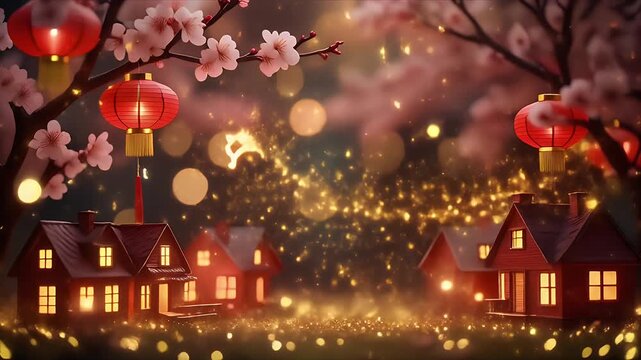 Enchanting miniature houses illuminated by warm light surrounded by delicate cherry blossoms and traditional red lanterns