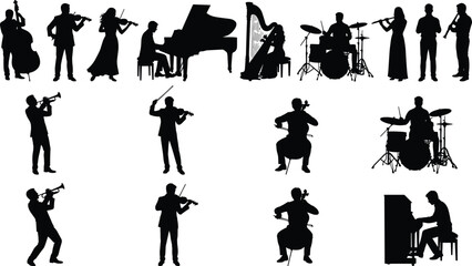 music, musician, orchestra, band, concert, silhouette, instrument, piano, violin, cello, drums, trumpet, saxophone, harp, vector