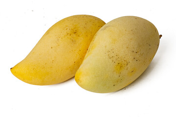 Photo of fresh sweet mango taken with a high-resolution camera using the focus-stacking technique on a white background.