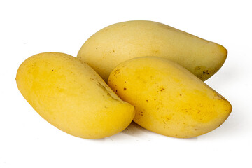 Photo of fresh sweet mango taken with a high-resolution camera using the focus-stacking technique on a white background.