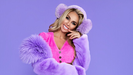Cozy Winter Fashion Portrait in Pastel Purple Earmuffs and Faux Fur Coat