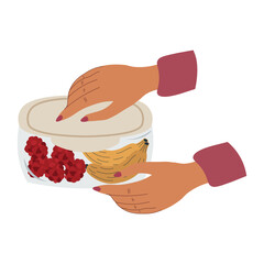 Healthy Food Storage Container with Fruits Held by Hands. Vector Illustration