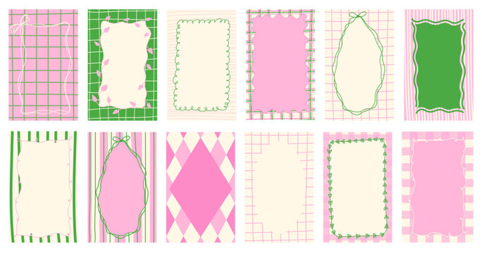 Pink and green retro, vintage hand drawn abstract patterned backgrounds with whimsical frames. Italian style patterns with strips, checkered and plaid vector pattern. Pastel colors abstract design bg
