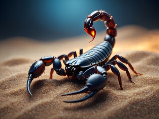 Realistic black scorpion on sandy desert ground with dark background