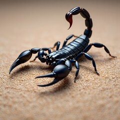 Black scorpion close up on sandy textured background