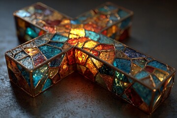 Obraz premium Colorful Mosaic Cross Shines With Vibrant Light in Artistic Display Generative AI