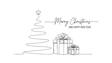 A continuous line art drawing of a Christmas tree with a star and two gift boxes, accompanied by 