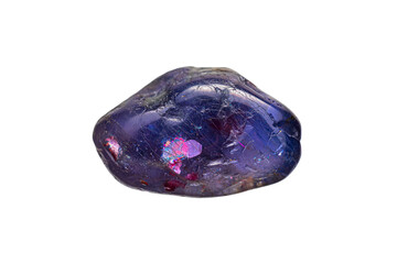 Beautiful bloodshot Iolite (Iolite-Sunstone) gemstone with hematite inclusion on white background (selective focus)