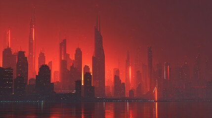 A captivating cityscape silhouetted against a red sky, evoking a sense of drama and mystery. The skyscrapers rise majestically, creating a breathtaking urban panorama. 