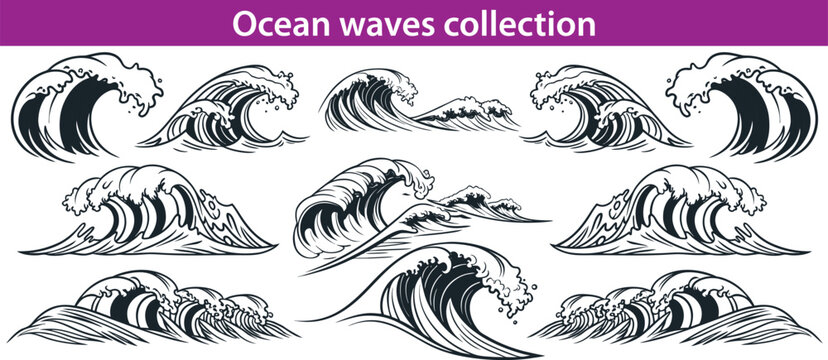 Ocean waves collection. Sea storm wave isolated. Waves, water elements set. Nature wave water storm linear style illustration
