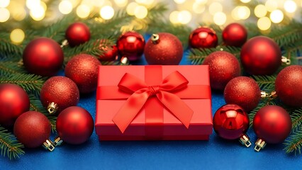 Beautiful red gift box surrounded by christmas ornaments and fir branches