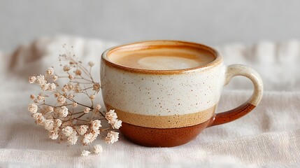 Cup of coffee sits on a table next to a bunch of white flowers. The cup is brown and white with a floral design on it. The flowers are small and white, and they are scattered around the cup