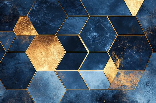 An artistic arrangement of navy blue hexagons filled with marble effects and accented by golden shapes and outlines
