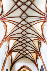 Rib vault of Maribor Cathedral, Church of St John the Baptist, featuring a Gothic nave with baroque element, important religious landmark in Maribor, Slovenia.