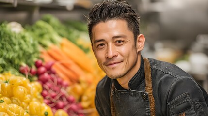 Man is smiling in front of a vegetable stand. He is wearing a chef's apron and is surrounded by a variety of vegetables, including carrots, radishes, and peppers. Concept of warmth and friendliness