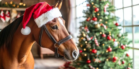 Fototapeta premium Charming Horse in Santa Hat Surrounded by Colorful Christmas Tree for a Festive Holiday Celebration