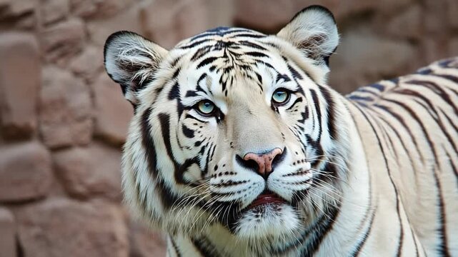 Stunning white Bengal tiger with vivid blue eyes and bold black stripes, close up portrait capturing the powerful, alert predators face and luxurious snowy coat in the wild